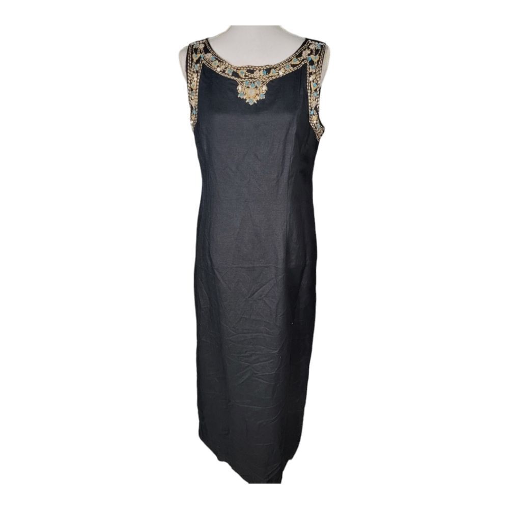 Vintage Jessica Howard Black Linen Seashell & Beaded Sheath Dress Sz 14 Coastal
